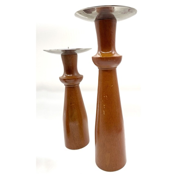 Set of 3 Target Wooden Teak Pillar Candle Holders MCM Inspired - Picture 5 of 5